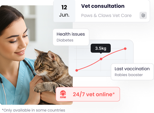 Screenshot of the 'Health' section of the Maskots app. It shows a veterinarian with a cat, and charts displaying the pet's weight tracking, vet appointments ('Veterinary consultation'), 'Health problems', and the option for '24/7 online veterinarian'.